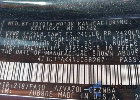 2022 Toyota Camry Le из США, поврежденный, VIN 4T1C11AK4NU058267